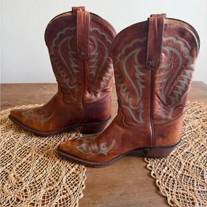 VINTAGE TONY LAMA Brown Leather Cowboy Boots with light blue/turquoise stitching